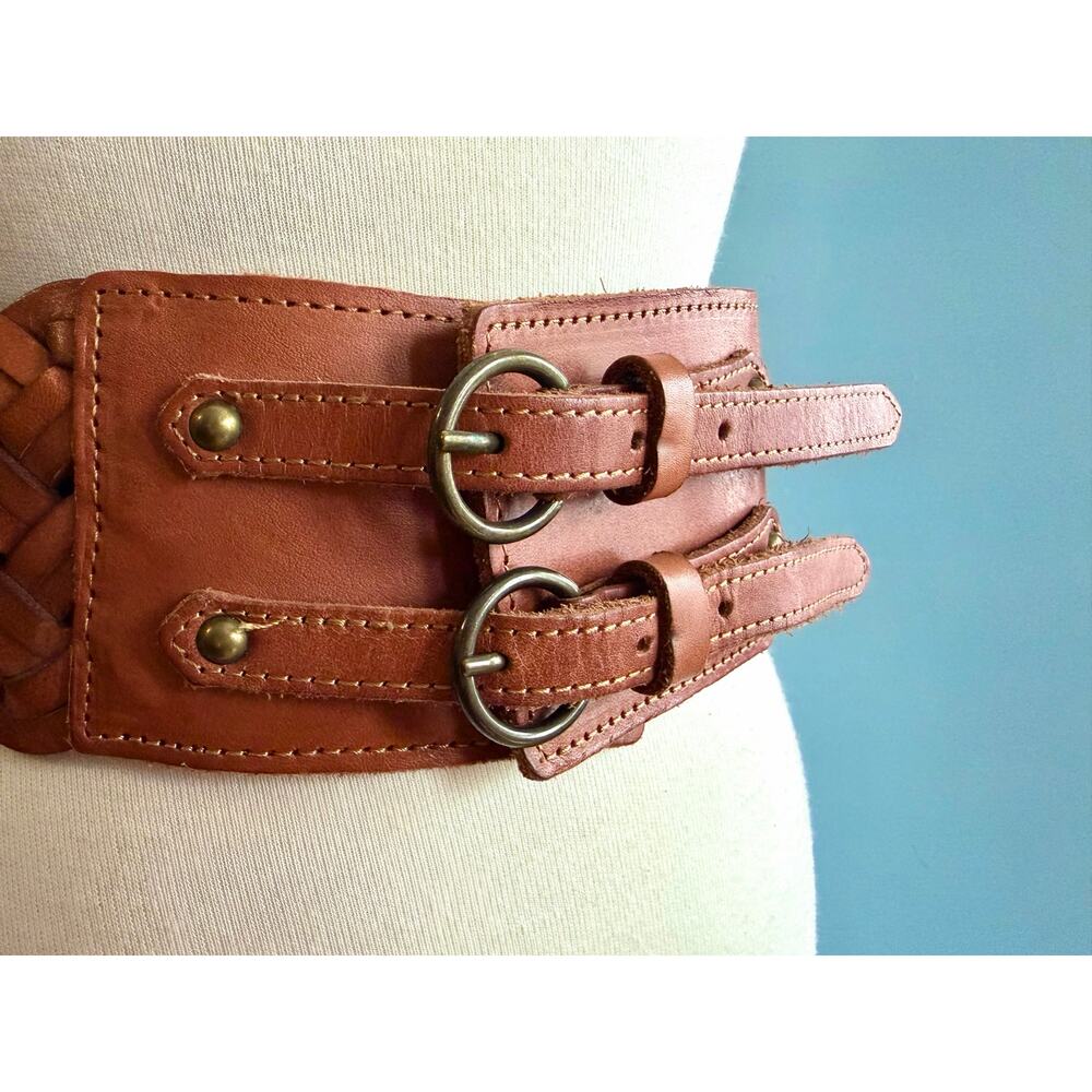 EXPRESS Wide Brown Woven Leather Waist Belt sz S/M - Picture 2 of 11